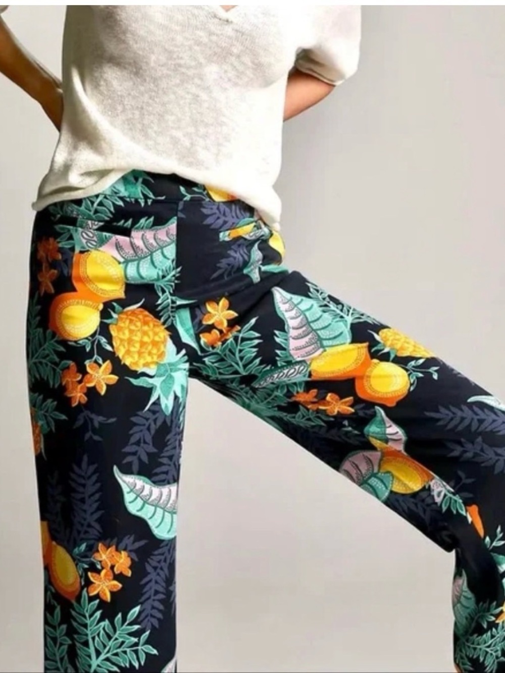 Maeve x Anthropologie 100% Lyocell Navy Wide-Leg Tropical Escape Print Pants - Picture 3 of 13
